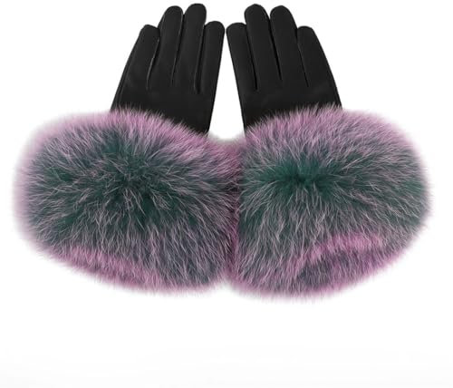 Damen-Handschuhe aus echtem Lammfell mit Manschette für den Winter, warm, mit Fleece gefüttert, Schwarz, mehrfarbig, Größe L