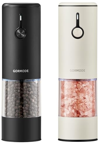 Stainless Steel Rechargeable Electric Salt and Pepper Grinder Set, USB Charging with Dust Cover, 6 Adjustable Grinding Modes + LED Light 2packBlack+Cream