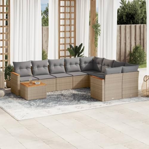 LAPOOH 10-TLG. Garten-Sofagarnitur mit Kissen Beige Poly Rattan, Lounge Gartenmöbel Set, Möbelsets, Balkon Möbel, Gartenlounge, Gartensofa - 3258720