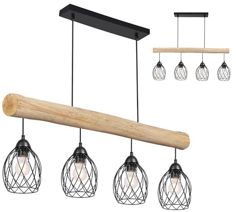RLCLUTW Vintage Pendelleuchte Holz 4-flammig E27 Balkenlampe im Industrial Design, Retro Hängelampe höhenverstellbar für Esszimmer Küche Wohnzimmer Bar (Primary color, 82cm)