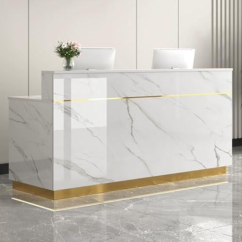 JIAOCKJIAO Empfangstresen, Rezeptionstheke mit Verschließbarer Schublade, Verkaufstheke mit Lagerschrank, Einfache Verkaufstheke, Kassentheke für Das Büro Im Lobbygeschäft(WhiteA+Gold,110x50cm)