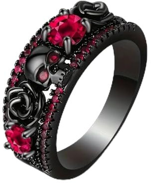 Hasdnker Ring Ringe Damen Bijouterie Herren Punky & Simply Style, Schwarzer Ring Totenkopf & Rose Design Pavé Glänzende Zirkonia Geeignet Für Männer Und Frauen Ringe 10 Rot