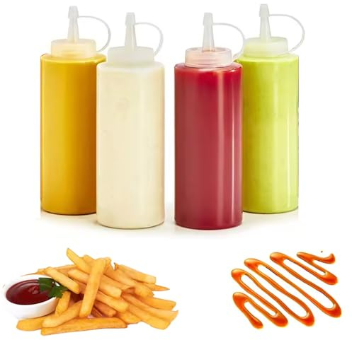 Komoke 4er Set Squeeze Flaschen 450ml, Transparente Soßenflaschen mit Skala & Deckel, Praktische Ketchup Portionsbeutel für Mayo, Senf, Saucen - Ideal für Küche, Restaurant & Grillpartys