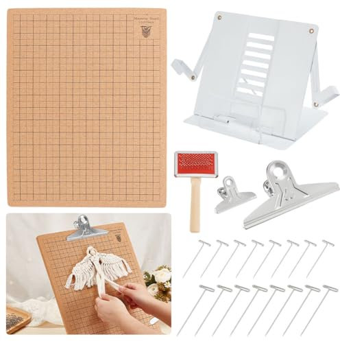 Macrame Board Set 12x16 Inch with Adjustable Metal Holder, 100 T Pins, 2 Clips, and Brush Comb - Double-Sided Grids for Macrame Projects and Craft Supplies