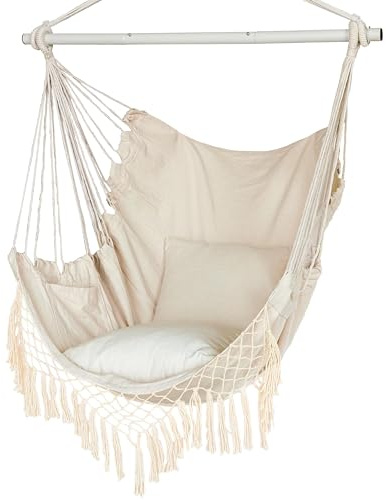 Chaise hamac, siège Suspendu avec 2 Coussins, Chaise Suspendue en macramé avec Poche latérale et Tige métallique à Haute capacité de Charge, pour l'intérieur et l'extérieur.