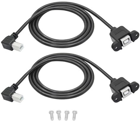 Riertostng 2 Pcs 90 Degree USB 2.0 Printer Extension Cable, USB-B 90 Degree Elbow Male to USB-B Female 30mm Hole, Right Angle Socket Scanning Line Screw Panel Installation and Fixation (3FT)