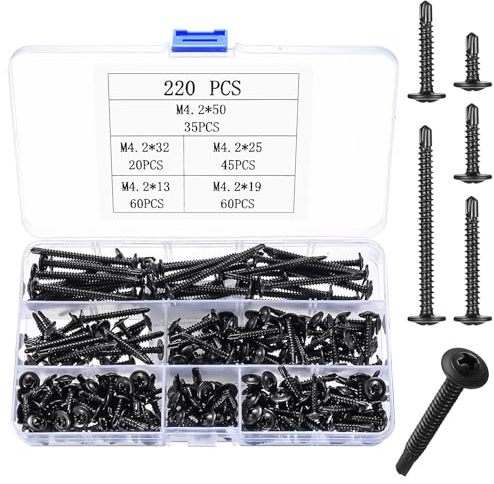 220 Stk Bohrschrauben Selbstschneidende Schrauben, M4.2 Edelstahl Blechschrauben Selbstbohrende Schraube Set, Senkkopf Kreuzschlitzschrauben Metallschrauben für Blechbefestigung (220schwarz)