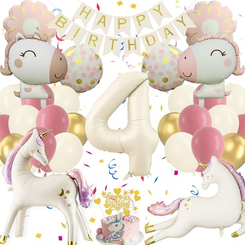 Decorazioni Unicorno Compleanno Bambina 4 Anni, Kit 4D Palloncini Unicorno | Addobbi per Festa Femminuccia, Kit Party Decorazioni Torte Striscioni (Set Addobbi Compleanno Unicorno 4 Anni)
