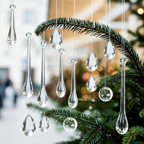 Eopvttge 52 STK weihnachtsbaumschmuck mit 1 Rolle Angelschnur (24m), Acryl eiszapfen Weihnachtsbaum deko, 5 Stile Kristall icedrop Weihnachtsbaum anhänger, Christbaumschmuck eiszapfen