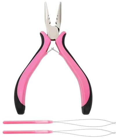 Hair Extension Pliers, Anti Slip Handles 3 Hole Professional Nickel Hair Extension Pliers with 2 Loop Threaders,Pink