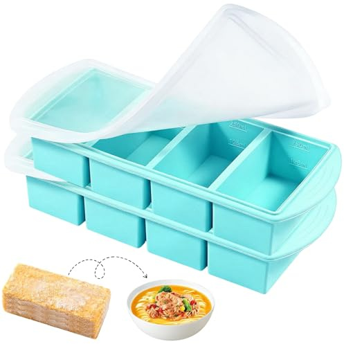 2-Pack Silicone Freezer Tray with Lid, 4-Cavity Soup Freezer Containers, 1 Cup (250mL) & 1/2 Cup (125mL), Makes 4 Perfect 1, Food Molds for Broth, Sauce, Meal Prep, Large Ice Cube Trays (Blue)