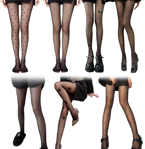 SUMCNU 7pcs Collant Fantaisie Femme Collant AraignéE Femme Coeur Motif Plumetis Nœuds Cœurs Pois Lèvres Noires Audacieuses Pois en Diagonale Trois Papillons Lettres Convient à Diverses
