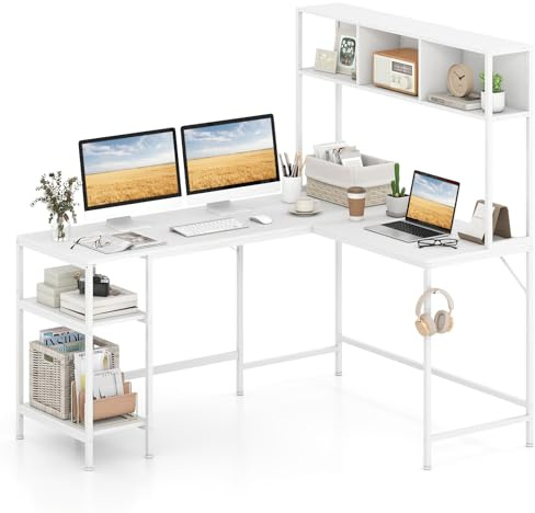 LIFEZEAL Escritorio de Esquina en Forma de L, Escritorio de Ordenador con Estantería y Estante de Almacenamiento y Gancho para Auriculares, Mesa de Juego Compacta para Oficina en Casa (Blanco)