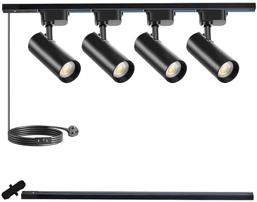 Black J&L Track Lighting Kit, 4 Track Lights 3000K 25W 2700lm Energy Saving Super-Bright Dimmable Spotlight with 1M Track Rail, Cool White Adjustable Angle Light Heads