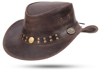 Driftwood Pioneer – Knautschbarer Western-Lederhut für Festivals & Outdoor | Vintage-Look mit Schweißband, Nieten & Büffel-Emblemen | Cowboyhut