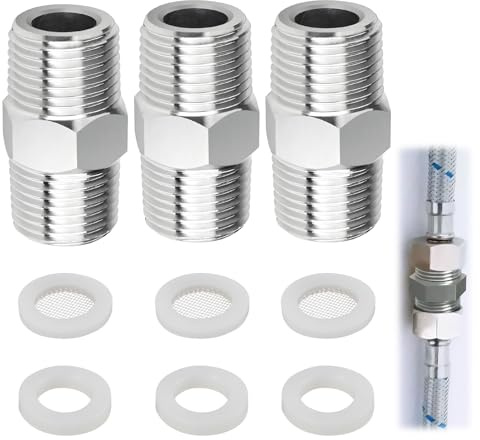 3 PCS Adaptateur Tuyau de Douche 1/2, Pouce en Acier Inoxydable, Raccord Double Mâle Fileté, Rallonge Filetage Extérieur avec Joint et Filtre, Connecteur pour Flexible Douche et Robinet