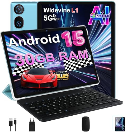 DMOAO Tablet 10 Pulgadas Android 15 con Gemini AI, 30 GB RAM + 2 TB ROM Expansión, 5G WiFi, GPS, Widevine L1, Octa-Core, BT 5.0, 6000mAh, USB-C, FHD Tablet con Teclado+ Ratón + Funda, Azul