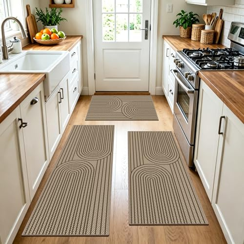VSIWB Jute Küchenteppiche 3 Stück Waschbar rutschfest Schmutzfangmatte Küchen Teppichläufer Braun Küchenmatten für Küche Läufer Flur Waschküche Wohnzimmer Schlafzimmer Eingang