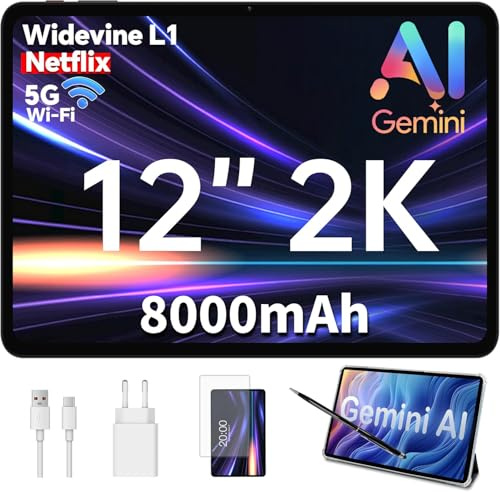 ODEA Tablet 12 Zoll 2K Display Android Tablets mit Stift und Hülle, 8000mAh | 128GB ROM((bis 2TB TF), CPU T7200, Widevine L1, GPS, 5GHz WLAN, BT5.0, 13MP+8MP Tablet Unterstützung Gemini AI, Grün