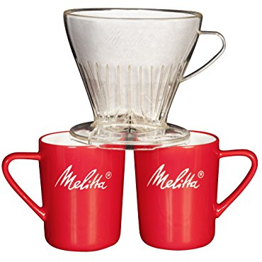 Melitta Kaffee-Set, Kaffeehalter für Filtertüten und Porzellan-Tassen (2 Stück), Kaffeefilter 1x4 Premium, Kunststoff und Porzellan, Transparent und Rot, 217953