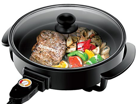 Chefman Electric Skillet - 12 Inch Round Frying Pan with Non Stick Coating, Temperature Control, Tempered Glass Lid, Cool-Touch Handles and Knob, Black