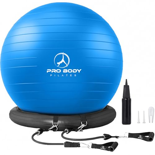 ProBody Pilates Yoga Ball Chair, Exercise Ball Chair with Base or Stand for Home Office Desk Sitting or Workout, 65cm Antiburst Balance Ball & Stability Ball Seat for Back, abs (Blue)