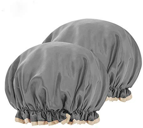 2 Pack Double-Layer Shower Cap Women Waterproof Polyester Bath Hats High Elastic Solid Color Bathing Cover Reusable Hair-dying Makeup Cap Foldable Headgear Caps for Shower Spa Makeup Cooking Salon