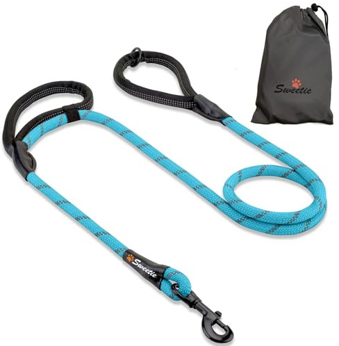 Sweetie Rope Dog Lead - Strong Leash with 2 Comfortable Padded Handles 5 FT for Medium & Large Size Pets - Reflective, Weather Resistant & O-Ring. Blue