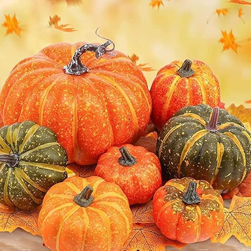HAKACC Mixed Artificial Pumpkins Set,7PCS Different Pumpkins with 30PCS Artificial Maple Leaves for Thanksgiving Day Halloween Party Decoration Table Props Ornaments