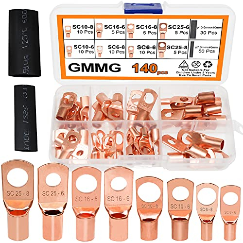 Ring Terminals Copper Wire Lugs Crimp Connectors 60 PCS Terminal Connectors 8 Types SC Tubular Cable lugs, with 80 PCS Heat Shrink(Gold)