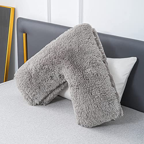 LSC Orthopedic V Pillow Soft & Fluffy Sherpa Teddy HUG & SNUG Fleece Pillows to Support Head, Neck and Back V-Shaped Nursing Pillow with Non-Allergenic Pillowcase (GREY, 70 X 35 CM)