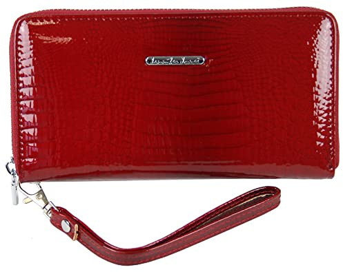 Jennifer Jones Echt-Leder Damen Geldbörse - Modische Croco Glanz Optik - RFID (XL, Rot)