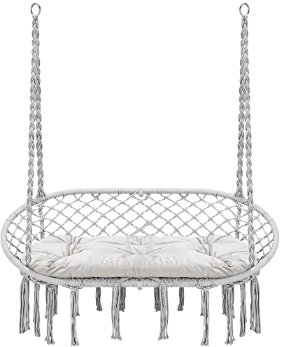 Homgava Hängemattenstuhl, Makramee-Hängeschaukel mit Kissen, hängende Baumwollseile, Metallrahmen, 204 kg Kapazität für drinnen und draußen, Terrasse, Balkon, Wohnzimmer, Hof, Garten (Doppelschaukel)