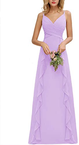 Abito da damigella d'onore da sposa senza maniche spalle eleganti spalline lunghe corpetto increspato una linea volant abiti da damigella d'onore per le donne, Lilla, 40