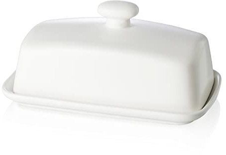 Large Porcelain Butter Dish with Lid, Henten Home Classic Matte Butter Keeper for Countertop, Large Butter Holder for Butter Storage & Home Kitchen Decor, Dishwasher Safe (Matte White)