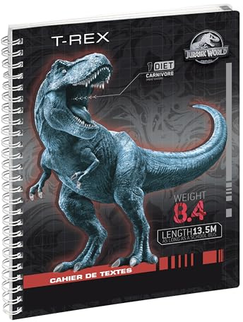 Exacompta 9991075E - Cuaderno de texto Jurassic - Cubierta de película con espiral de metal y pestañas semanales desmontables - 17 x 22 cm - Visual T-rex