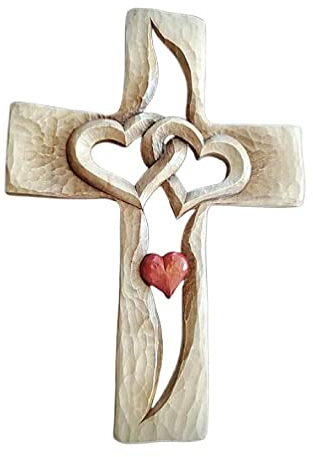 Lamala Geschnitztes Holz katholisches Kreuz religiöses christliches Gebet Stehendes Kruzifix verschlungene Herzen Ornamente Kirche Dekoration kleines Wandkreuz
