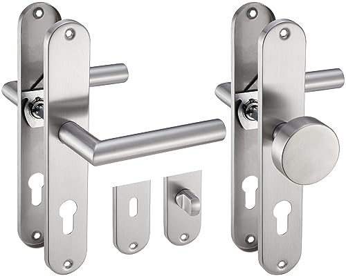 Stahlia Langschild Drückergarnitur Edelstahl gebürstet EMILIA | PZ - Profizylinder mit Knauf | Türbeschlag für Innentüren, Zimmertüren, Eingangstüren für Türstärke 20 – 47 mm | Befestigungsmaterial
