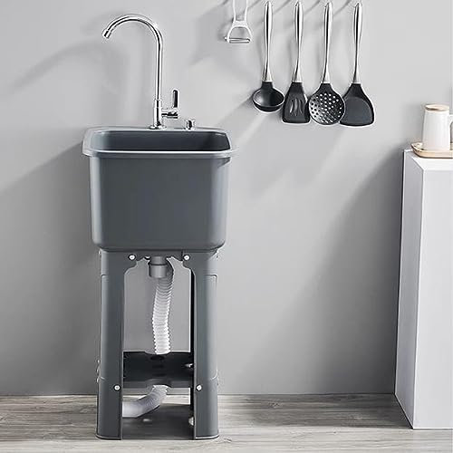 HCZION 60cm Freistehende Waschbecken Innen Spültisch Kunststoff Ausgussbecken Kunststoff Restaurant Küche Handwaschbecken Mit Wasserhahn (Color : Grey, Size : 40x40cm/15.7x15.7in)