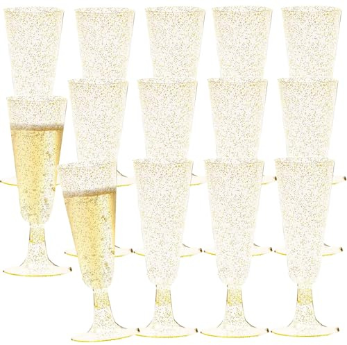 NAMIS Sektgläser Plastik 50 Stück Champagnerflöten 150ml Mehrweg Mit Weinglas Marker Silikon für Hochzeit Party Picknicks Outdoor (Gold)