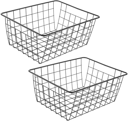 KEILEOHO 2 Stück Aufbewahrungskörbe aus Draht, 36 x 29 x 15,5 cm Gitterkorb Schwarz mit Griffen, Groß Schwarze Drahtkorb Metallkorb Aufbewahrungskörbe für Küche, Speisekammer, Büro