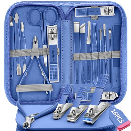 Set Manicure Set Tagliaunghie, 16 Pezzi Kit Pedicure Manicure Professionale Donne Uomini Kit Cura Unghie Personale con Valigetta da Viaggio Blu