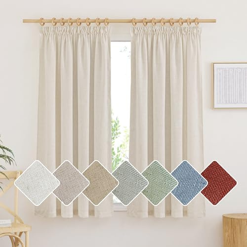 PONY DANCE Leinen Vorhang Kurz Gardinen Halbtransparent mit Kräuselband | Natur,H160 x B140 cm,2er Set,Leinenvorhang Schienensystem,Boho Gardinen Leinenoptik Schlafzimmer/Küche,Linen Curtains
