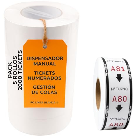 RO Linea Blanca ® Pack 5 Rollos Su Turno 2000 Tickets Blanco Numerados 3 Digitos Compatible Dispensador Manual Ideal Gestión Colas Comercio Hosteleria Farmacia Carnicería Panaderia España