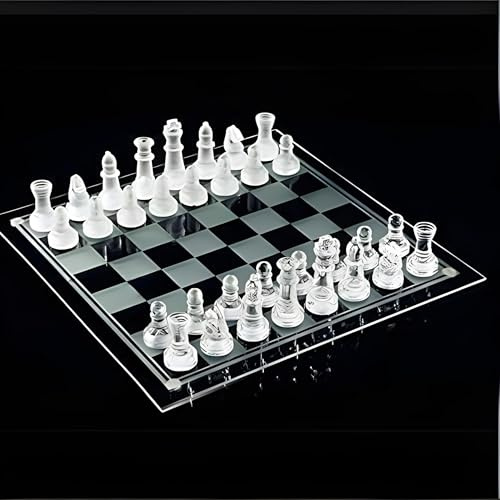 Glamified Glass Chess Game Set,Frosted/Polished Glass Chess Board Set Glass Chess Pieces with Padded Bottom, Crystal Chess Board Youth Adults Play Set (White)