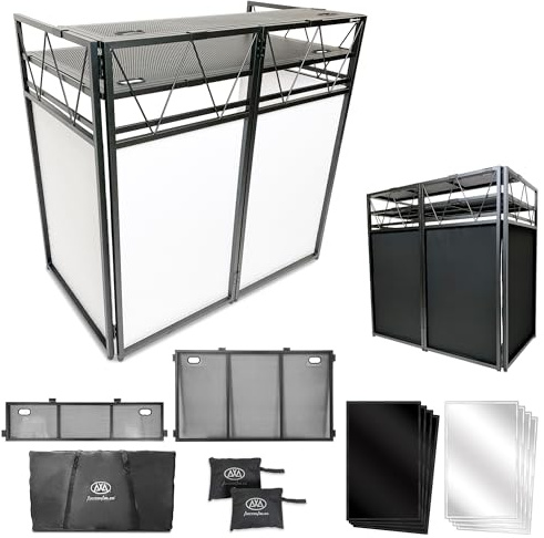 AxcessAbles Two-Tier Portable DJ Booth | Large DJ Table Stand w/ 43x25 Desk Surface | 2 Ergonomic Table Heights | Black & White Facades, Carry Cases | DJ Laptop Controller Stand