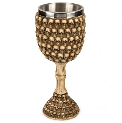 MIJOMA Gobelet à vin tête de mort 3D - Gobelet en pierre artificielle et acier inoxydable - Cruche viking médiévale - Capacité de 300 ml (coupe d'os)