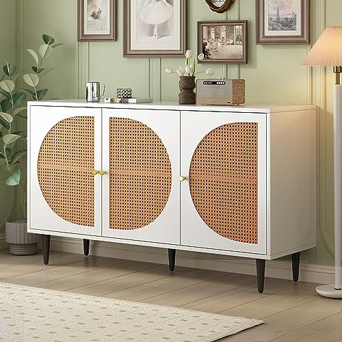 MURUL Sideboard mit 3 Rattan verzierten Türen Kommode Highboard mit Metallgriffe, für Schlafzimmer & Büro & Wohnräume, Weiß,129.8X 40x 76cm (Weiß)