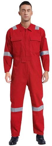 Yruioon Tuta da lavoro da uomo tuttofare tuta da lavoro riflettente tuta da lavoro officina rally meccanico abbigliamento da lavoro, Colore: rosso, M