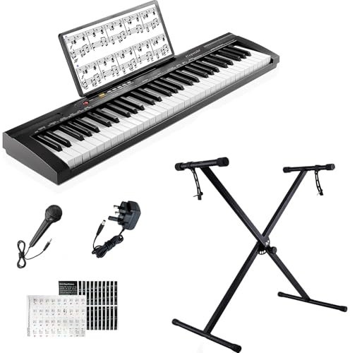 Crystals Portable 61 Keys Electric Piano Keyboard with Stand – Digital Piano with MP3 Workstation, Built-in Speaker & Microphone, Beginners Keyboard Piano for Adults – Black